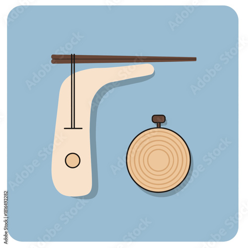 Stylized illustration of a traditional one-string musical instrument and a round drum or tambourine on a blue background.