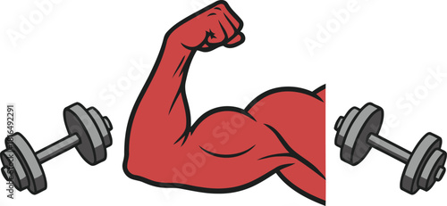 Strong flexed arm demonstrating fitness next to dumbbells representing workout activity and muscle power