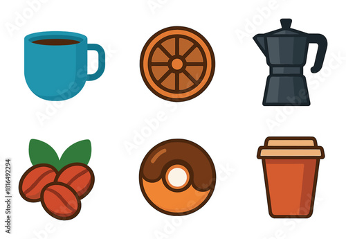 Colorful coffee icons featuring cup grinder coffee beans and doughnut
