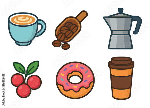 Coffee essentials icons featuring cup, beans, espresso maker, coffee berries, donut, and to-go cup