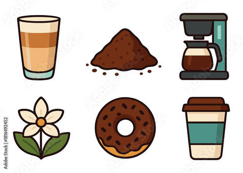 Coffee icons collection: drink dispenser, ground beans, cup, flower, doughnut