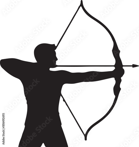 Dynamic silhouette of an archer drawing a bow, preparing to release an arrow with intense focus, symbolizing strength and accuracy.