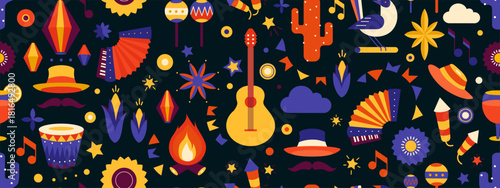 Festa junina poster - geometric seamless pattern. Summer brazilian carnival banner with icons of music, lanterns, flowers, hats and flags. Geometric banner of june festival in Brazil, vector illustrat