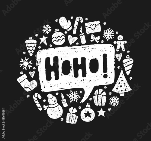 Christmas background with crayon winter icons and speech bubble with Ho-ho santa text. Holiday banner with Xmas tree balls, snowman, candy cane, candle and bow with chalk texture, vector illustration