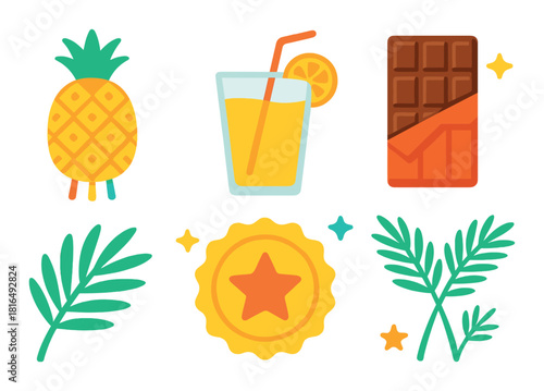 Colorful tropical icons: pineapple, juice, chocolate, leaves, star