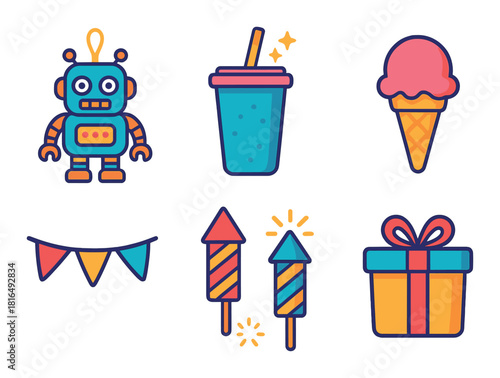 Colorful cartoon icons: robot, drink, ice cream, bunting, fireworks, gift box