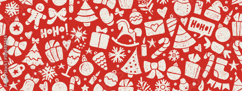 Christmas seamless pattern with crayon icons. Cute backdrop with Christmas tree, snowman, Santa hat and candy cane. Winter holiday items. Bright crayon gift box, snowflake, star and bell, vector illus