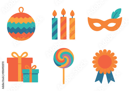 Festive icons: ball ornament, candles, mask, gifts, lollipop, rosette