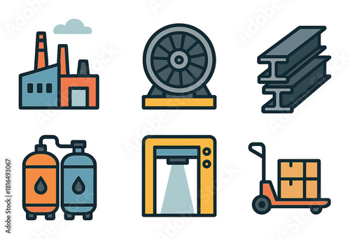 Industrial icons: factory, ventilation, steel, gas cylinders, machine, pallet