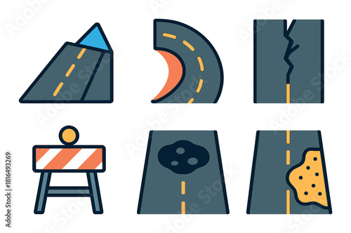 Set of six road icons: curve, hill, barricade, crack, pothole, erosion