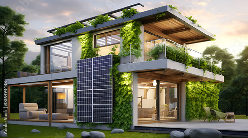 Modern home with vine texture shows solar panels. Bright light illuminates. Ideal for real estate ads, sustainable home marketing, or architectural renderings.