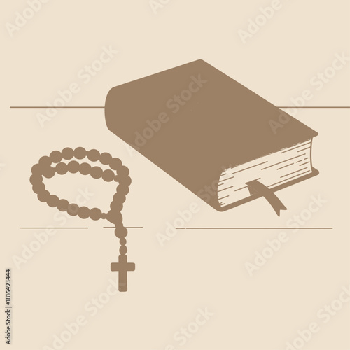 A simple illustration depicting a rosary with a cross and a closed book with a bookmark, symbolizing faith and religious study.