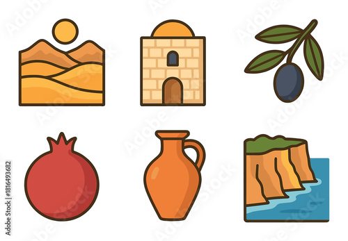 Collection of symbolic icons: desert, olive branch, pomegranate, clay jug, coastal cliff, stone building