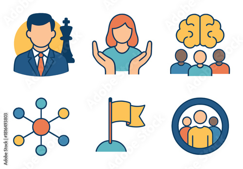 Teamwork and strategy concepts with diverse people and icons