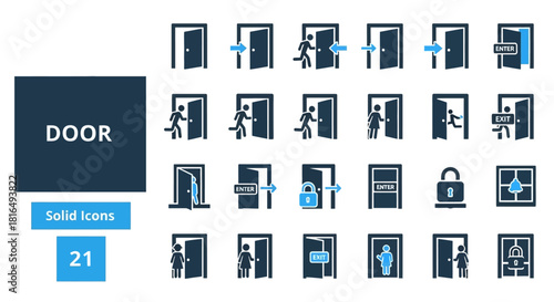 Collection of Door Icons in Various States and Actions, Representing Entry, Exit, and Security Concepts