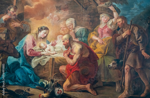 Photography Painting (19th century) of Christmas Nativity Scene with Virgin Mary, Saint Joseph, and Jesus baby