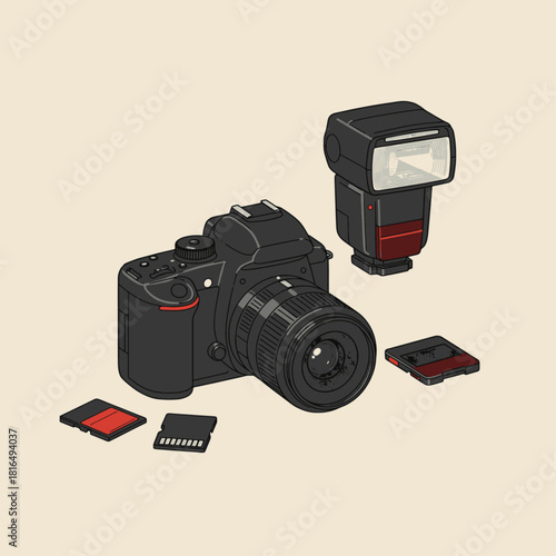 An illustration of a digital SLR camera with an external flash and multiple memory cards on a light background.