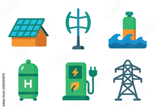 Renewable energy icons: solar, biofuel, hydroelectric, hydrogen, electric, power grid