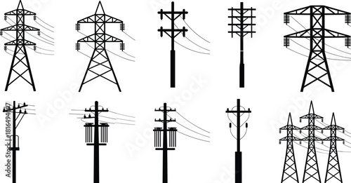 High voltage transmission towers and utility poles silhouette collection, electric power line infrastructure, energy distribution grid vector bundle illustration set