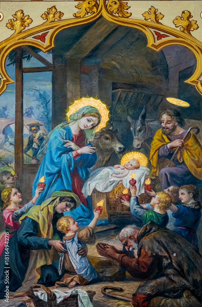 Fototapeta premium Fresco (1912) of Christmas Nativity Scene with Virgin Mary, Saint Joseph, and Jesus baby.