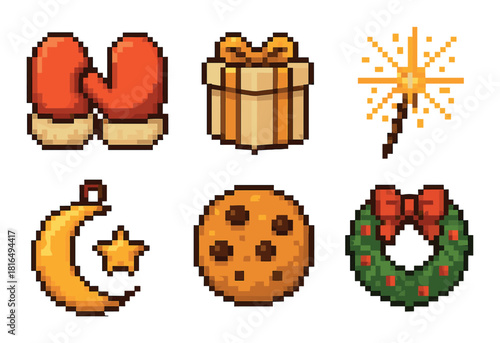 Pixel art festive icons featuring christmas wreath, cookie, moon, gift, gloves, and sparkler