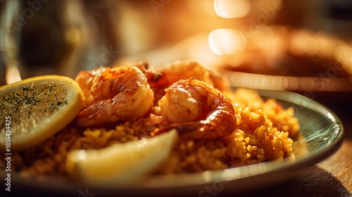 Fototapeta Naklejka Na Ścianę i Meble -  A delicious plate of traditional Spanish seafood paella with prawns and lemon slices in a restaurant.