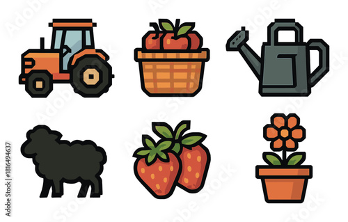 Colorful farm icons: tractor, basket, watering can, sheep, strawberries, potted flower