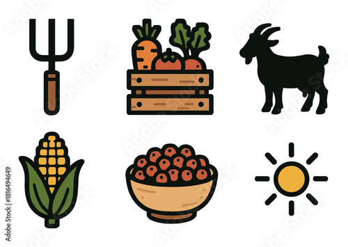 Farm icons: vegetables, corn, goat, sun, harvest basket, pitchfork