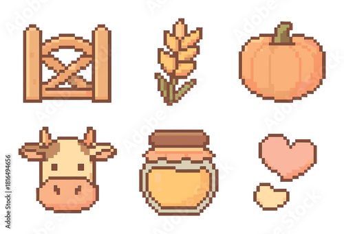 Pixel art farm icons: gate, wheat, pumpkin, cow, honey jar, heart
