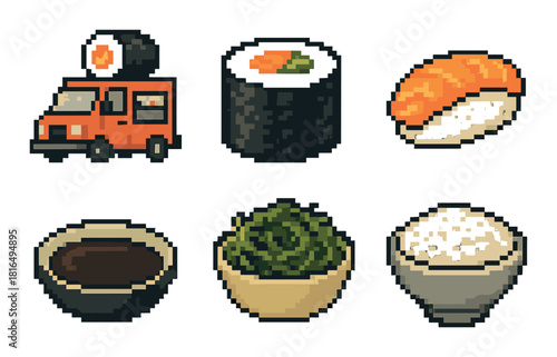 Pixel art sushi and food truck on yellow background