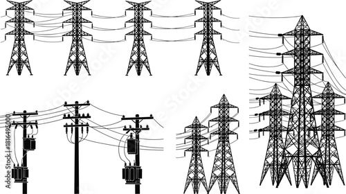 High voltage transmission towers and utility pole silhouettes with power lines, industrial electricity grid infrastructure, energy distribution vector illustration set