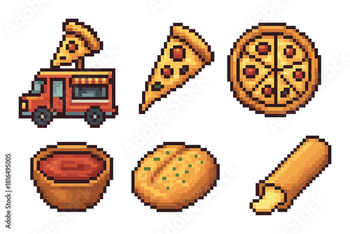 Pixel art pizza icons: truck, slices, whole pizza, sauce, bread, cheese stick