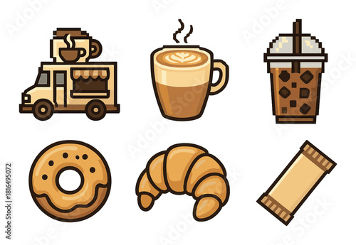 Cartoon coffee and pastry icons: food truck, cappuccino, bubble tea, donut, croissant, chocolate bar