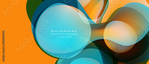 Abstract fluid shapes overlap, creating vibrant color gradients. Orange, blue, green hues dominate composition. Modern design element.