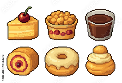 Pixel art desserts: cheesecake, fruit cup, chocolate, jelly roll, donut, cream puff