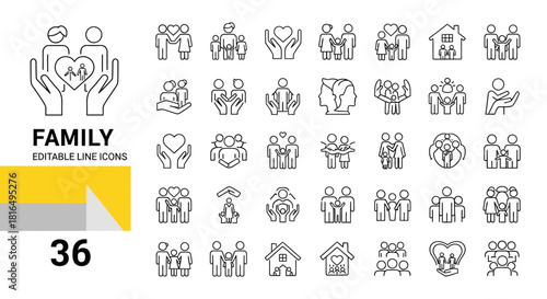 Family and Relationship Icons Editable Line Vector Set
