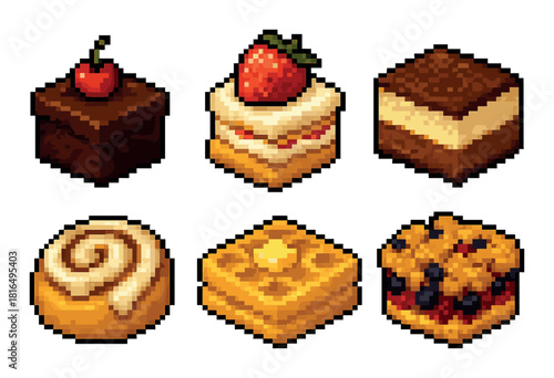 Pixel art sweets featuring chocolate cake, strawberry shortcake, tiramisu, cinnamon roll, waffle, granola bar
