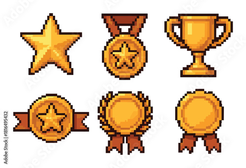 Pixelated gold medals and trophy collection with star and laurel designs