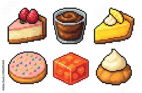 Pixel art desserts: cheesecake, brownie, lemon pie, cookie, jelly, cream puff