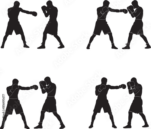 Boxing Sport Men Fighter Silhouette Vector Set