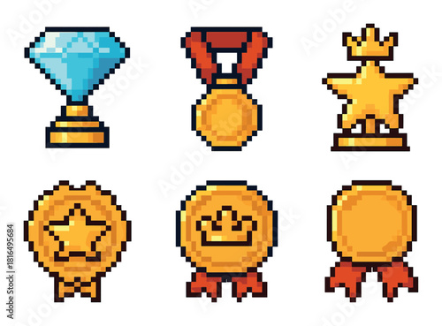 Pixel art medals and trophies collection featuring stars and crowns