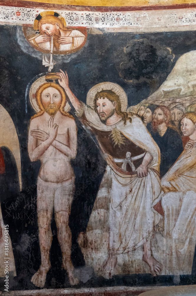 Naklejka premium Fresco (14th century) of Baptism of Jesus by John the Baptist in the Jordan river.