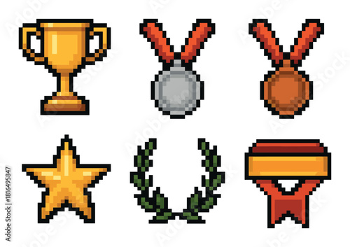 Pixel art trophies and medals: gold, silver, bronze, star, laurel wreath