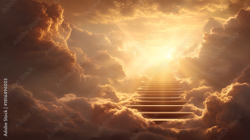 Fototapeta premium A divine stairway leading up through the clouds to a heavenly golden light.