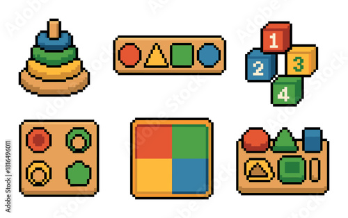 Pixel art educational toys for children - stacking blocks and shape puzzles