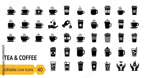 Modern Tea and Coffee Line Icon Set Editable Vector Symbols for Beverage Menus and Hot Drink Concepts
