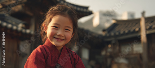 Fototapeta Naklejka Na Ścianę i Meble -  Joyful young girl smiles in traditional Korean clothing