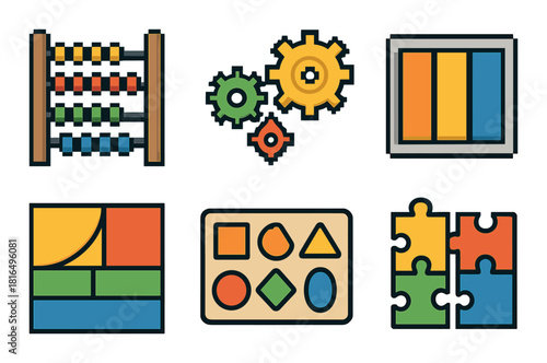 Colorful icon set featuring puzzles, gears, abacus, and shapes for educational and creative use