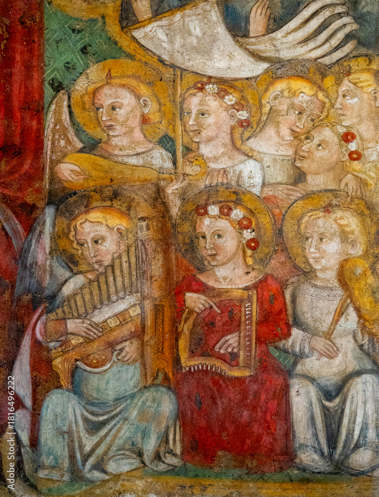 Obraz premium Fresco (14th century) of a group of musician angels in heaven playing music.