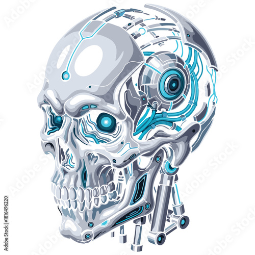 Intricate vector art of a cyborg skull blends human anatomy with technology, featuring cybernetic eyes and a complex internal structure. Ideal for tech themes, dystopian concepts, or designs focusing 
